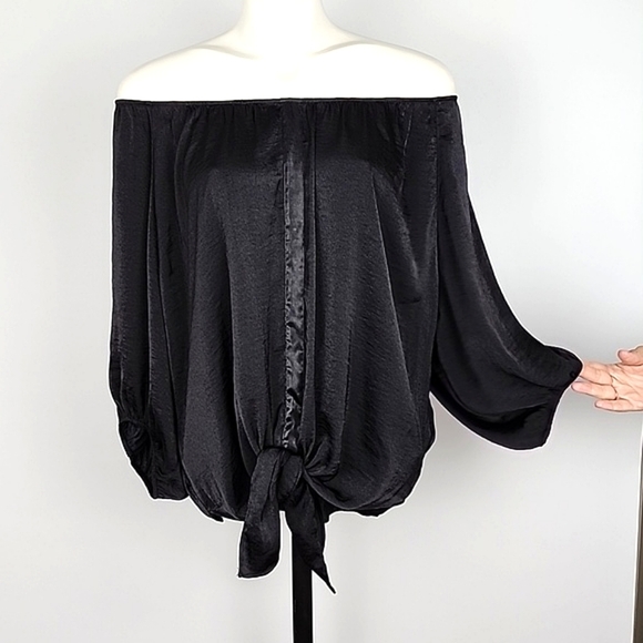 Jennifer Lopez Off The Shoulder Front Knot Black Blouse Flowy Lightweight Large - Picture 3 of 11